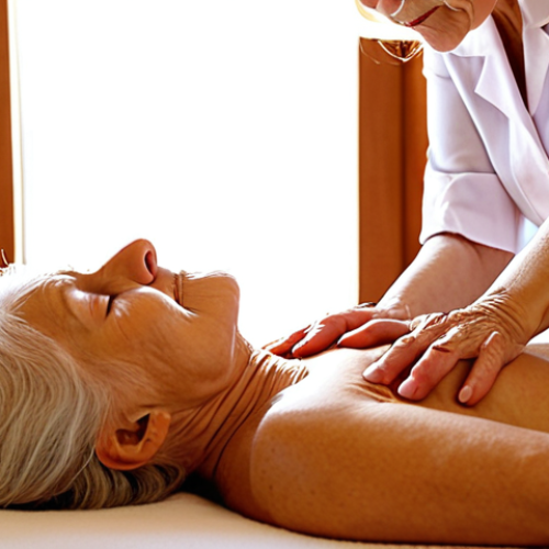 Home 11 **
A serene scene of an elderly woman receiving a gentle massage. Focus on her relaxed facial expression and the comforting touch of the massage therapist's hands. Use soft lighting and a warm color palette to convey a sense of tranquility and relief from pain. The background could be a comfortably decorated room, perhaps with aromatherapy candles. Keywords: senior massage, elderly care, relaxation, pain relief, gentle touch, aromatherapy.
**