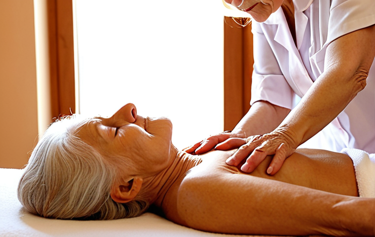 **
A serene scene of an elderly woman receiving a gentle massage. Focus on her relaxed facial expression and the comforting touch of the massage therapist's hands. Use soft lighting and a warm color palette to convey a sense of tranquility and relief from pain. The background could be a comfortably decorated room, perhaps with aromatherapy candles. Keywords: senior massage, elderly care, relaxation, pain relief, gentle touch, aromatherapy.
**
