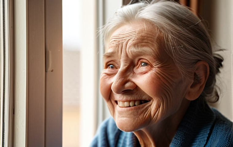**
Prompt: "A warm, naturally lit scene of an elderly parent sitting by a window, their face illuminated by soft daylight. They are smiling gently. Capture the details of their wrinkles and expressions, conveying a sense of life and wisdom. Focus on a close-up shot."
**